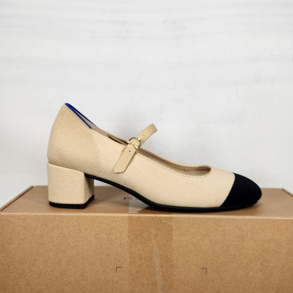 Rothy's The Mary Jane Heel Women Size 7.5 Cream Captoe Block Heel Buckle Strap